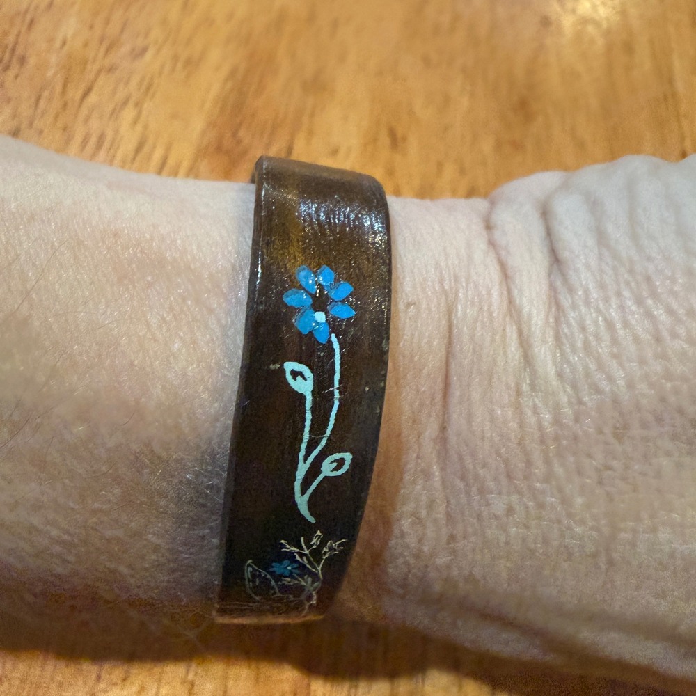 Hand Painted Wooden Cuff Bracelet Brown Blue Floral Bird Nature Artisan Jewelry